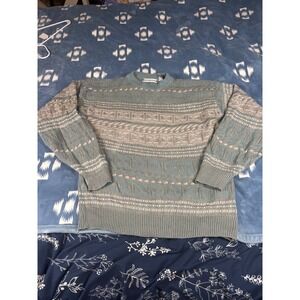 Vintage Saturdays Geometric Fair Isle Knit Sweater Sage Green Tan Large